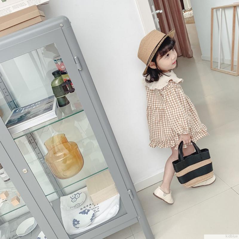 Đầm công chúa tay phồng bằng vải cotton họa tiết kẻ sọc có nút cài thời trang cho bé gái 0-6 tuổi