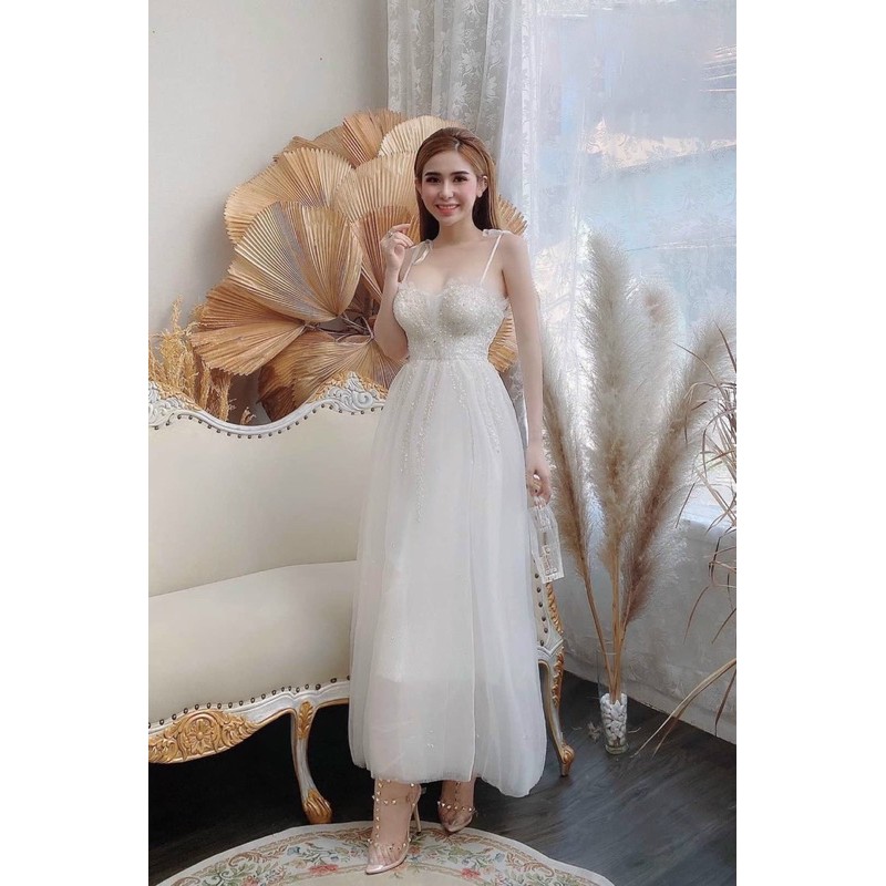 [CÓ SẴN] Đầm nữ trắng hồng xoè hai dây kết cườm lưới 3 lớp xoè 360 quảng châu chiết eo bigsize cao cấp dự tiệc rẻ đẹp