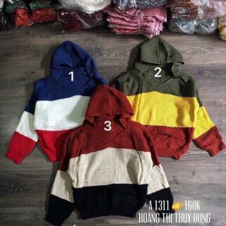 Áo len tay dài có nón. Áo len đan phối 3 màu rất đẹp. Hàng chuẩn Qc. Rất đáng tiền. Free size Tầm 60 kí trở lại vừa nha.