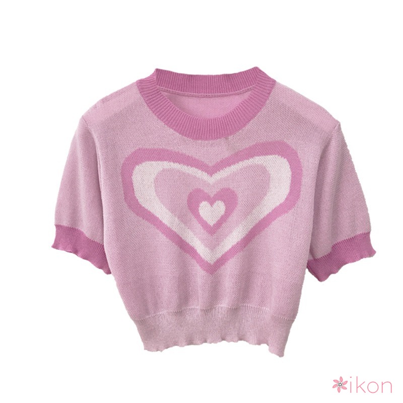 Áo Croptop Vải Lụa Lạnh Tay Ngắn Dáng Ôm Thoáng Khí In Hình Trái Tim Kiểu Retro Cho Nữ
