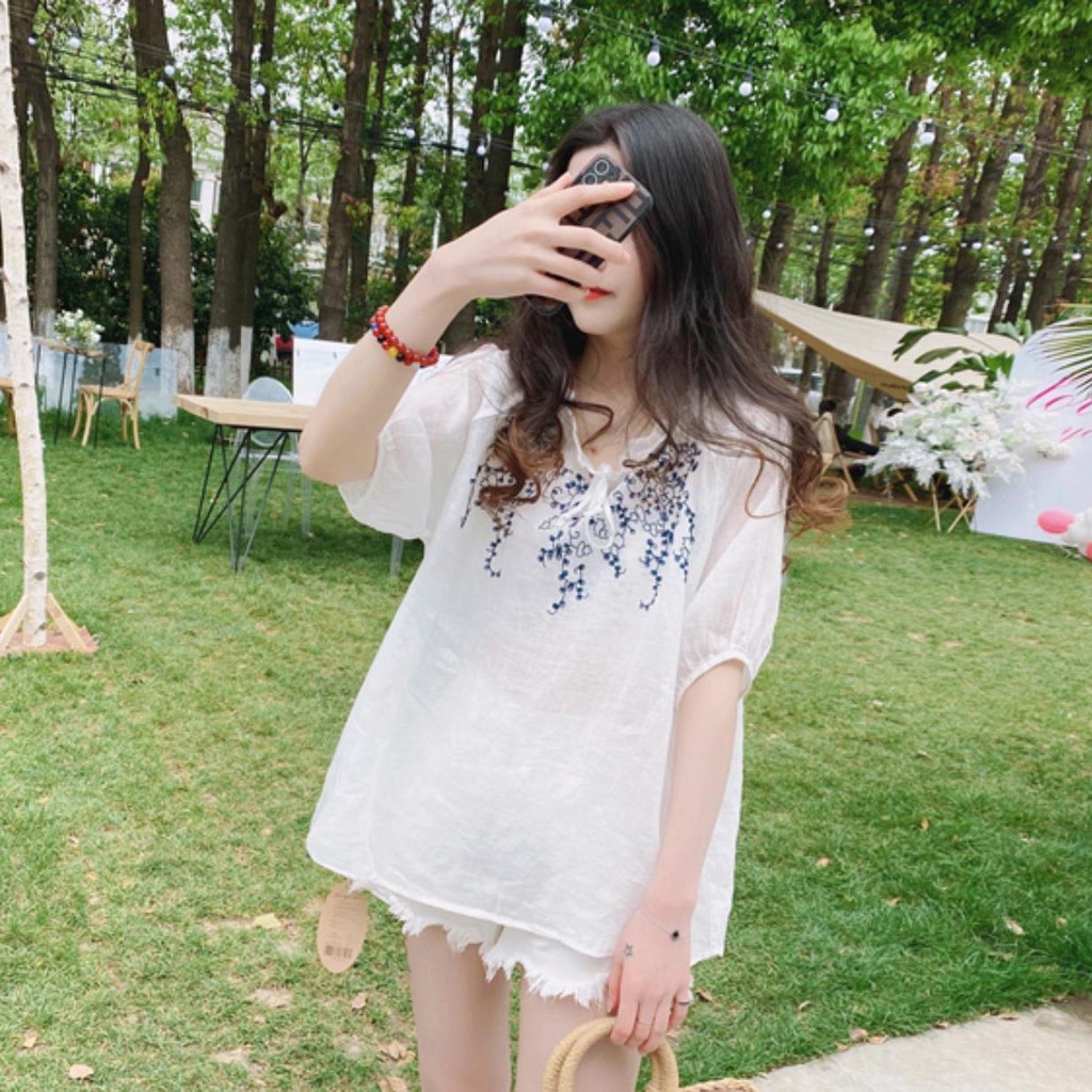 Áo Sơ Mi Dáng Rộng Cổ Tròn Thêu Họa Tiết Thời Trang Mùa Hè Hàn Quốc Mới Cho Nữ