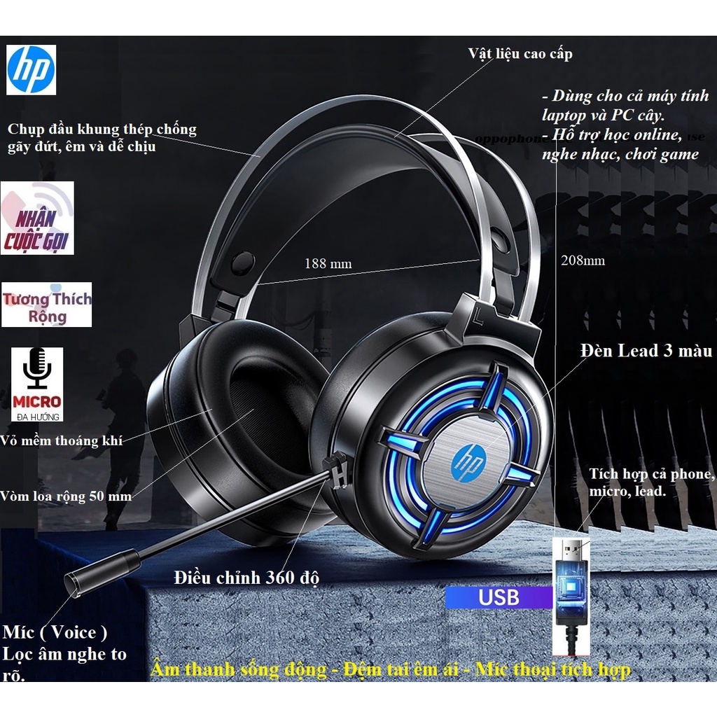 Tai nghe chụp tai HP chính hãng có míc hỗ trợ học online và chơi game kết nối cổng USB 7.1 tích hợp cả micro-phone-led
