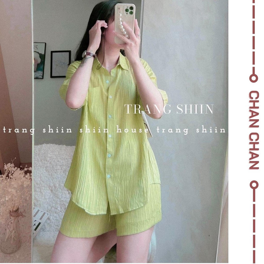 Set Áo Sơ Mi Kèm Quần Short Buộc Nơ Sau Màu Xanh Bơ