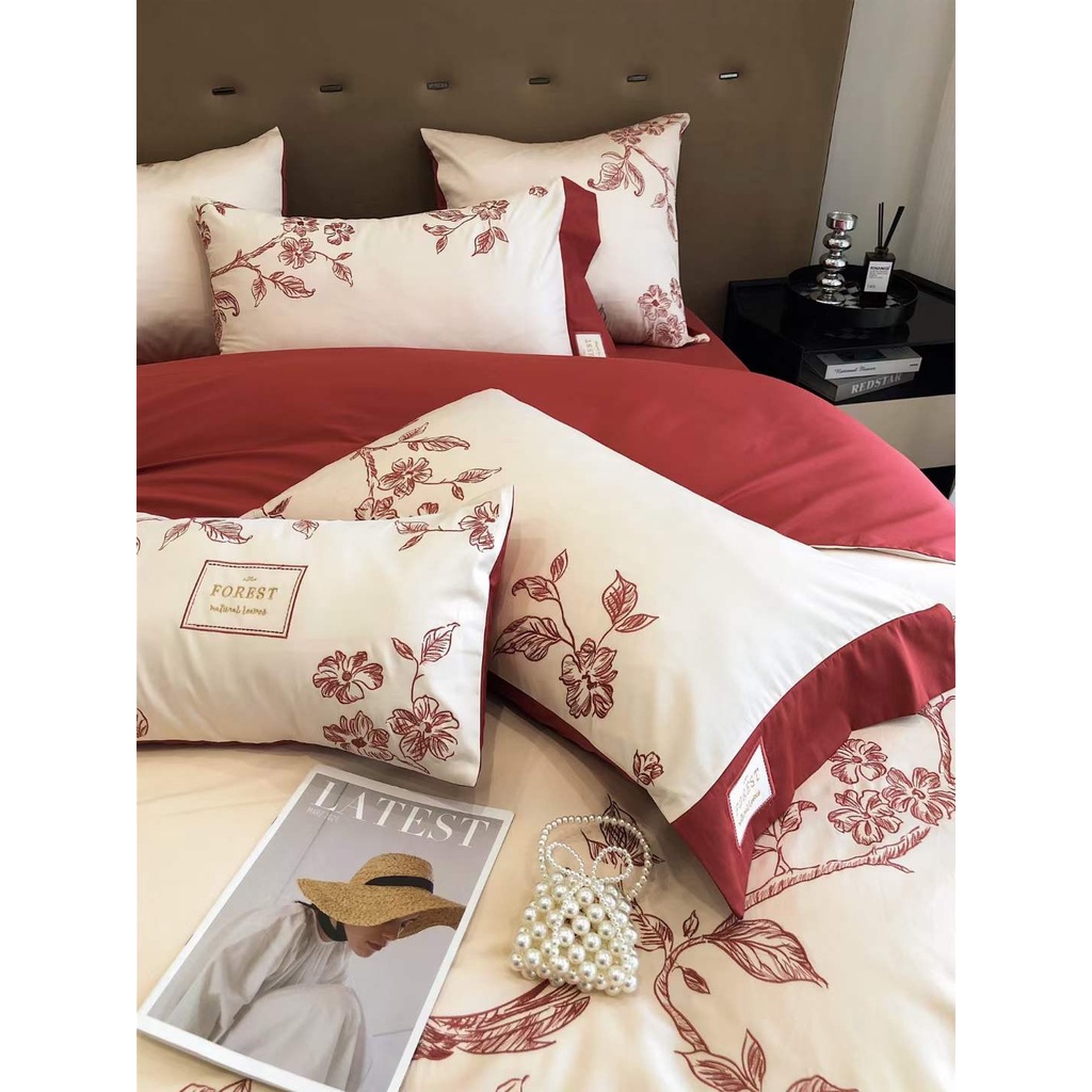 Bộ Chăn Ga Cưới Lụa 100s Thêu Hỷ Tước Cát Tường Luna Bedding