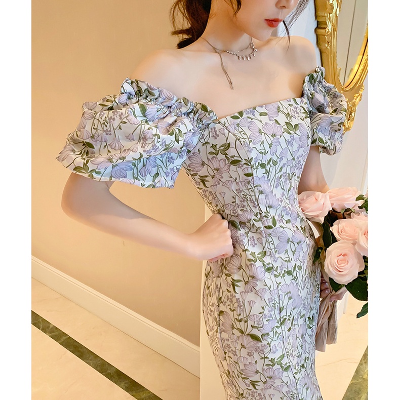 ZYHT Váy Phồng Vải Jacquard Dáng Ôm Cổ Vuông Ba Chiều 4767