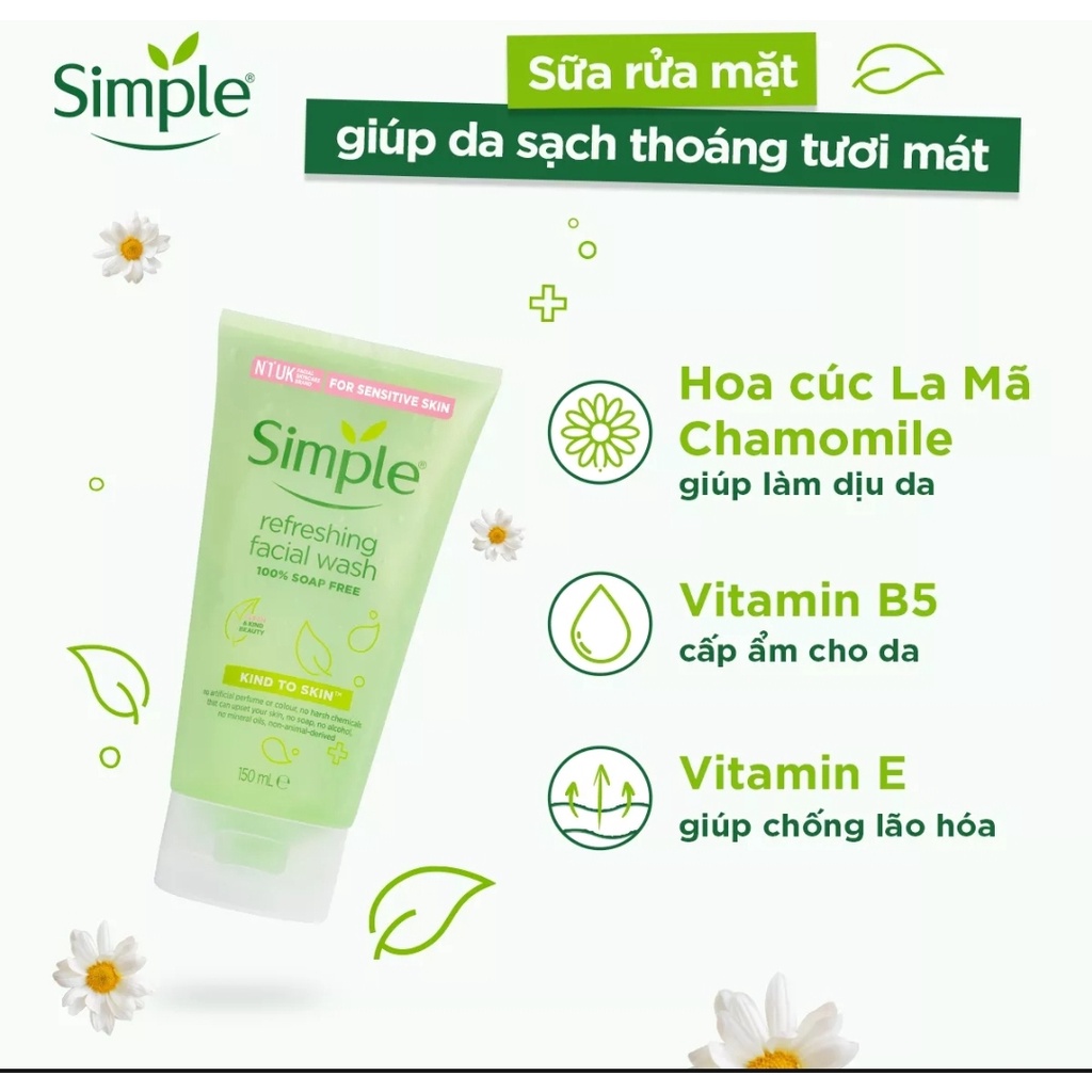 Sữa rửa mặt Simple giúp da sạch thoáng & không chứa xà phòng/kiềm dầu và ngừa mụn hiệu quả - cho da mụn nhạy cảm 150ml