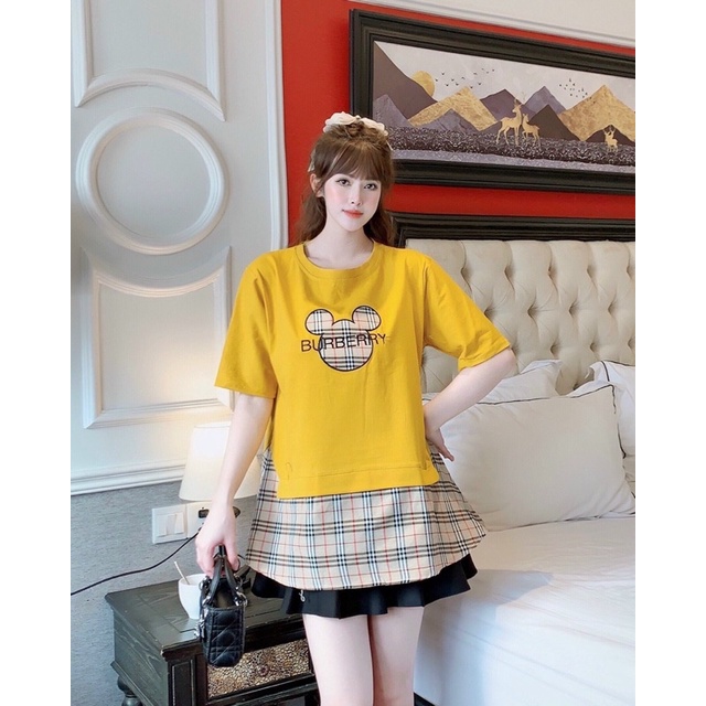 Áo Bầu Cotton pha vạt Kẻ Mickey MOuse cực xinh