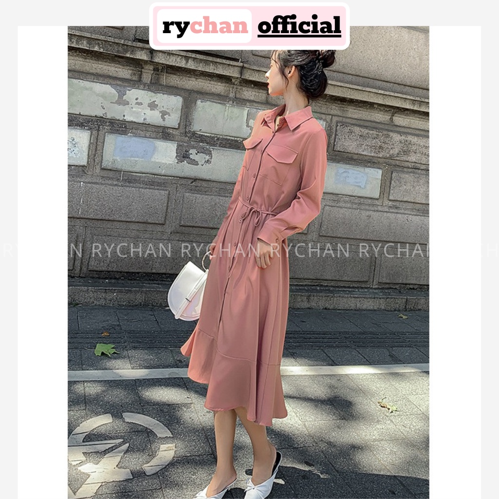 Đầm Pháp Hepburn Nữ Phong Cách Cổ Sơ Mi Đuôi Cá Dài Tay