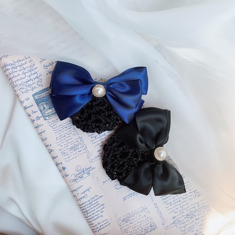 Kẹp tóc búi lưới công sở nơ satin đính charm L8