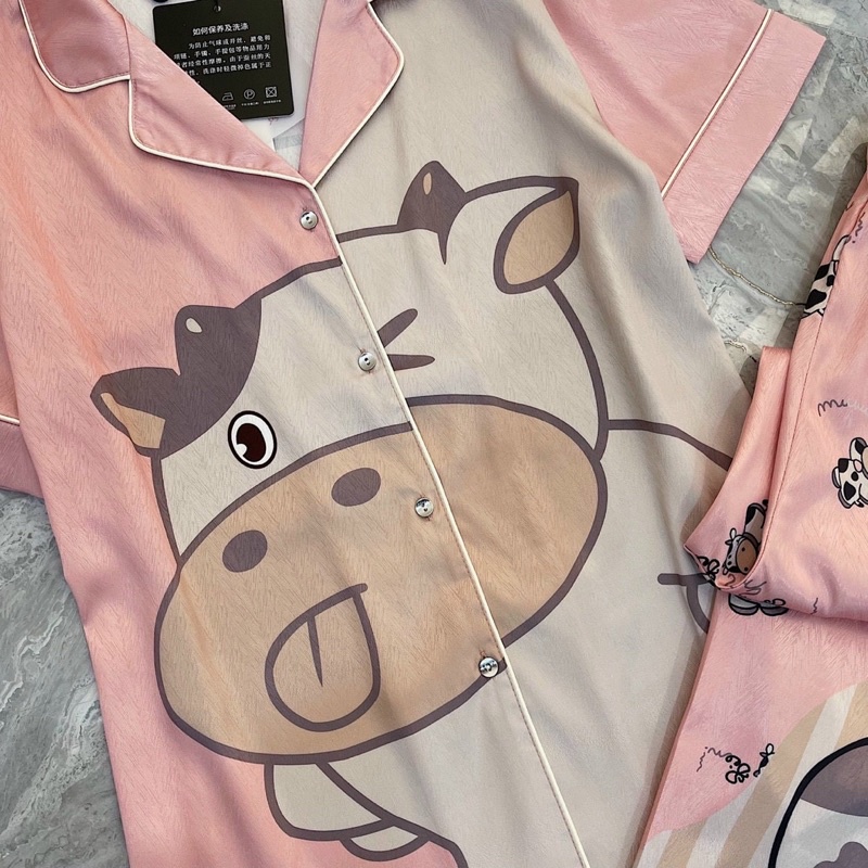 pijama lụa xước tay ngắn cao cấp quảng châu bò sữa