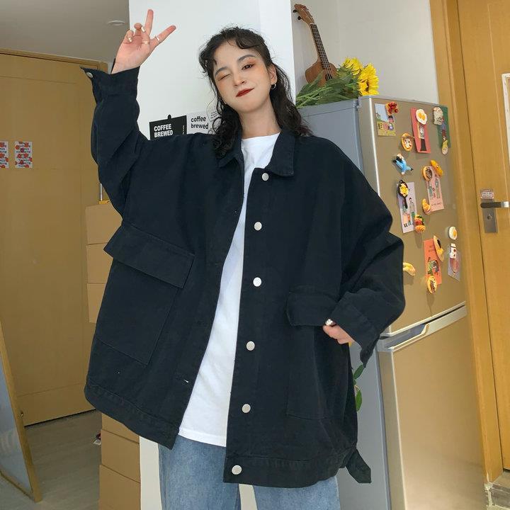 Caring Korean Style Solid Color Large Workwear with Pocket Coat Female Students Autumn Grab New Retro Loose All-Matching Jacket Top