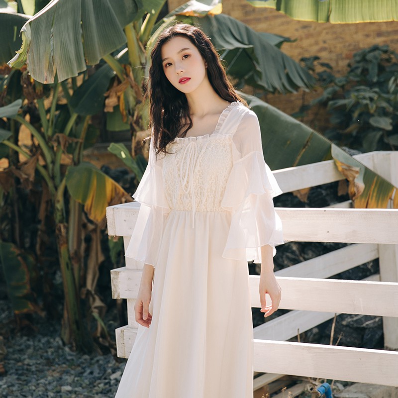 Đầm voan nữ mùa hè váy dài cổ tích tay ngắn dạo biển ulzzang