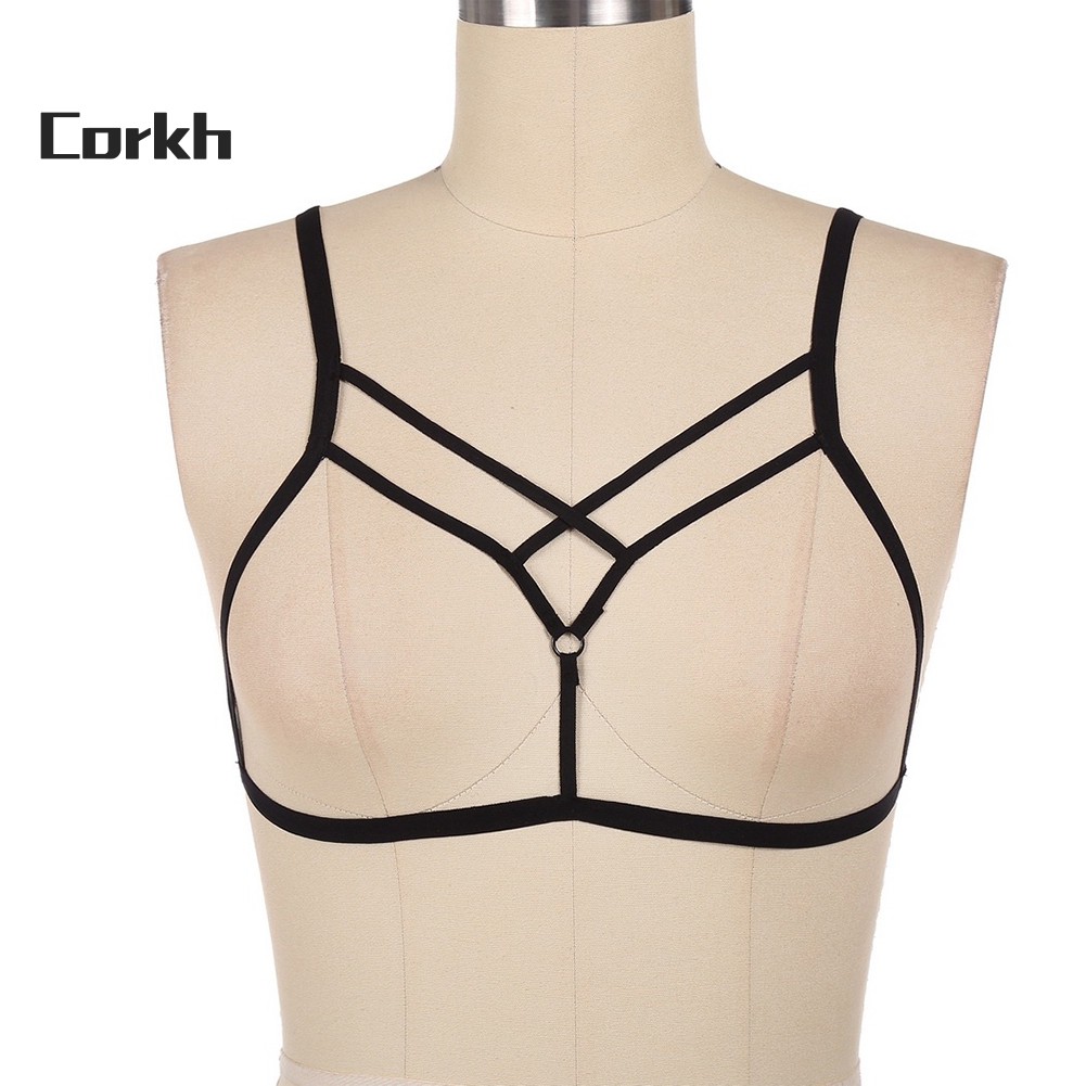 ●Co Women Sexy Harness Bandage Cupless Elastic Cross Strappy Hollow Out Cage Bra Áo ngực