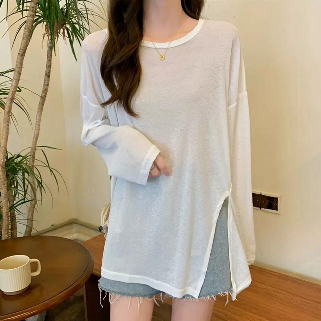 Áo tay dài nữ xẻ tà form giấu quần ANHSTORE, chất thun xược cotton thời trang