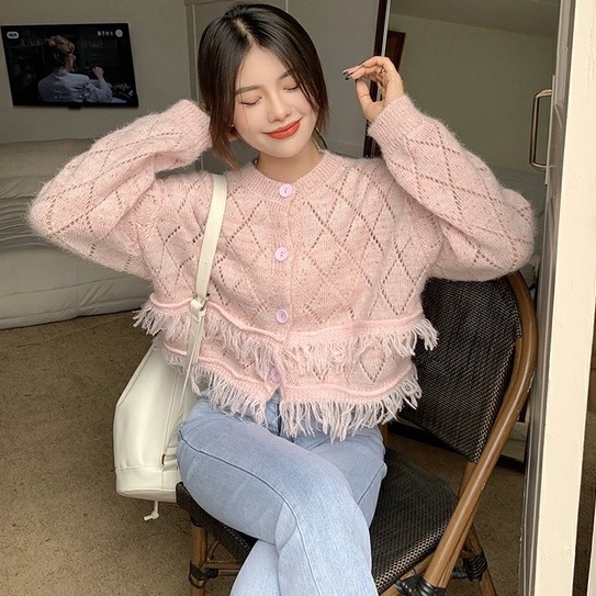 Áo cardigan ZHELIHANGFEI dệt kim tay dài lưng cao phối tua rua dễ phối đồ cho nữ