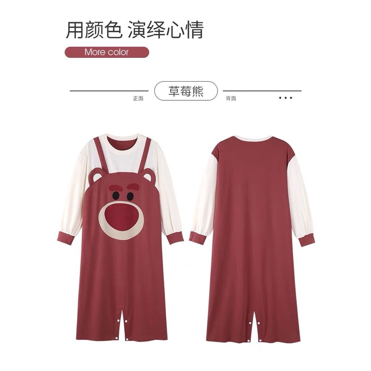 Bộ Đồ Ngủ Liền Thân Vải Cotton Dáng Rộng In Hoạt Hình Gấu Dâu Tây Dễ Thương Cho Nữ
