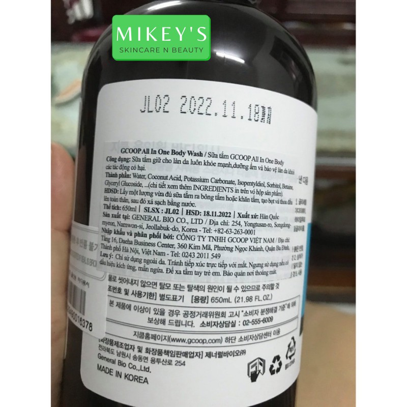 Sữa tắm DƯỠNG ẨM TRẮNG DA GCOOP Mikeybeauty92 Hàn Quốc chiết xuất thiên nhiên 100% (650 ml)