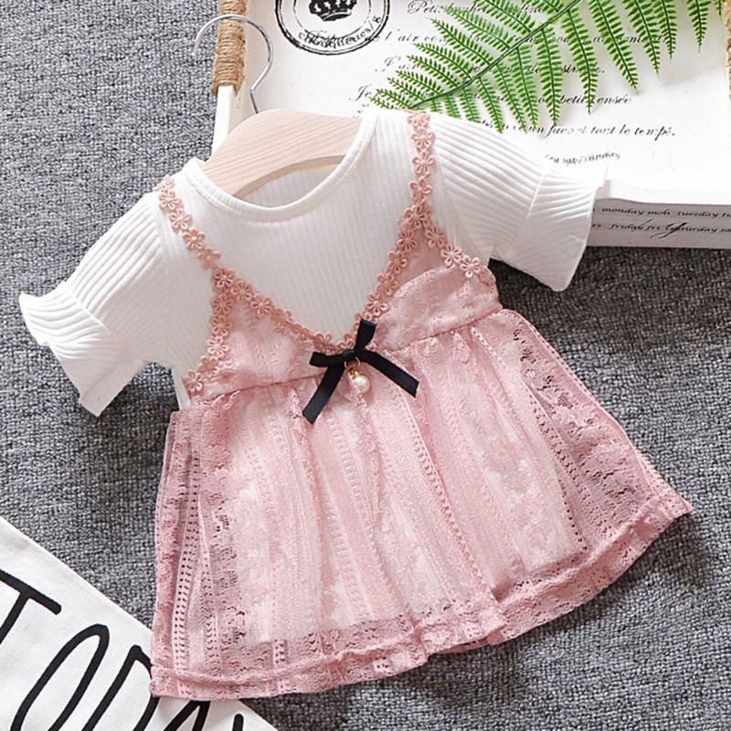 Đầm Tay Ngắn Phối Ren Dễ Thương Thời Trang Cho Bé Gái