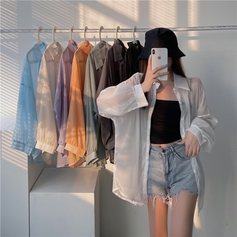 Áo sơ mi nữ đi biển voan tàng hình - Áo khoác nhẹ oversize mix cùng 2 dây siêu xinh