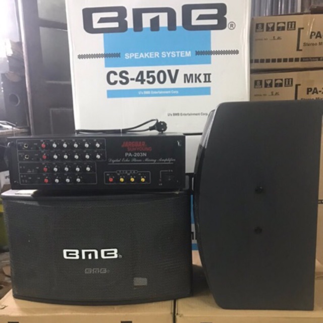 Bộ karaoke Gia Đình gồm Amply 203N (12so) AC (tosiba) & đôi loa BMB450 (bas25) từ nam châm kép