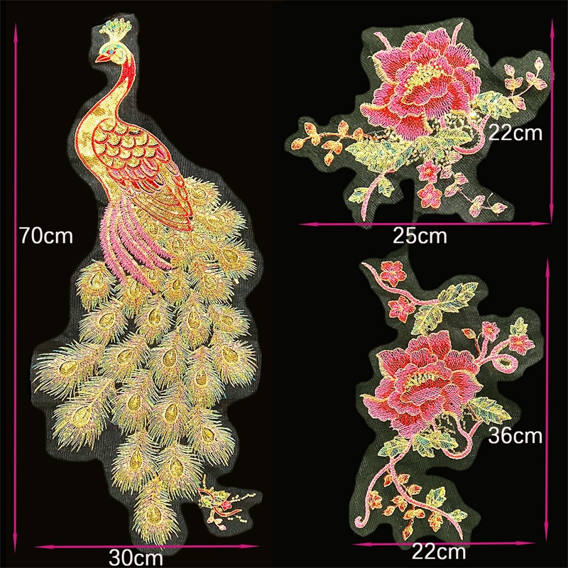 Miếng Vải Ren Thêu Hình Hoa Mẫu Đơn / Chim Công / Chim Công Đính Kim Sa Lấp Lánh 70 * 30CM Trang Trí Váy Cưới