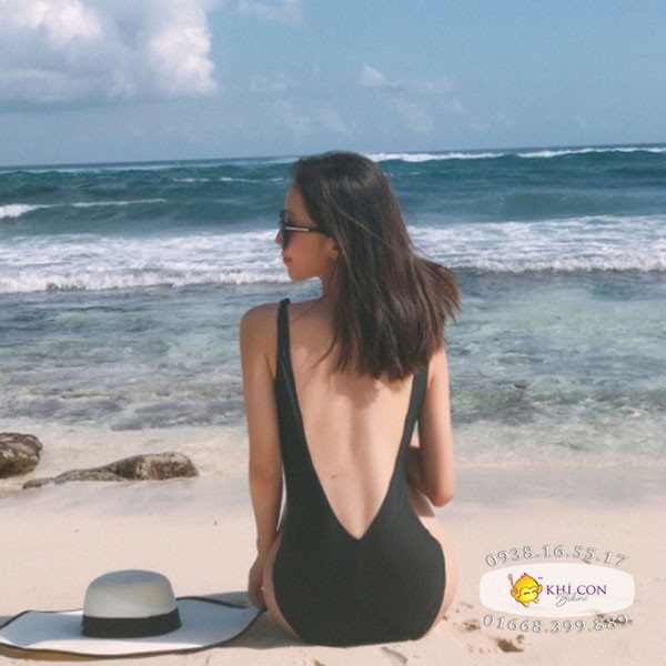Bikini liền mảnh khoét lưng chữ V sành điệu cá tính màu đen