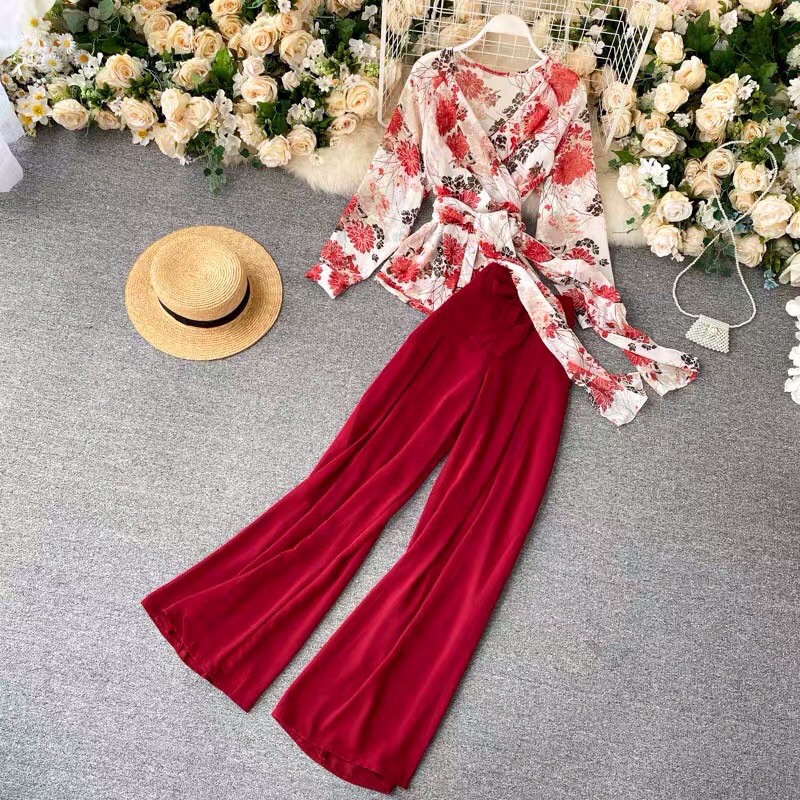 Mẫu áo blouse một mảnh cổ chữ V chéo in hình chữ V mới năm 2020, bộ đồ hai mảnh cạp cao và quần ống rộng mỏng