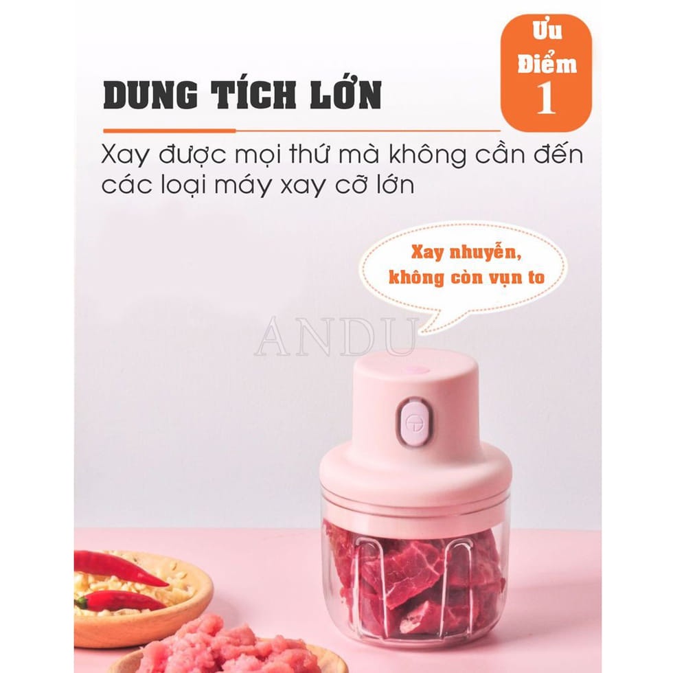 Máy Xay Mini Cầm Tay 250ml Sạc Pin Cao Cấp Xay Tỏi Ớt, Hành, Rau củ quả