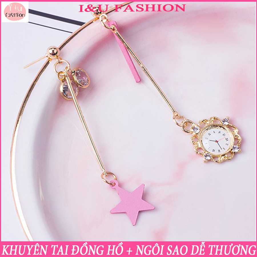 Bông tai nữ dễ thương hình đồng hồ và ngôi sao màu hồng cực đáng yêu KT-56