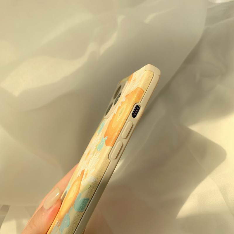 Ốp điện thoại phối da vẽ hoa tranh sơn dầu cho iPhone 11ProMax X Xr XsMax 7 8+ Se 202
