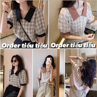 Sơ mi cộc tay họa tiết caro cổ bèo dáng nhọn tay bồng tiểu thư siêu xinh sang chảnh