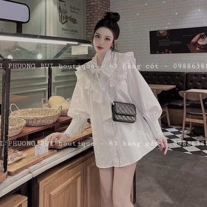 Áo sơ mi bánh bèo cổ tàu thắt nơ xinh xắn sơ mi nữ dài tay xuân hè LT014