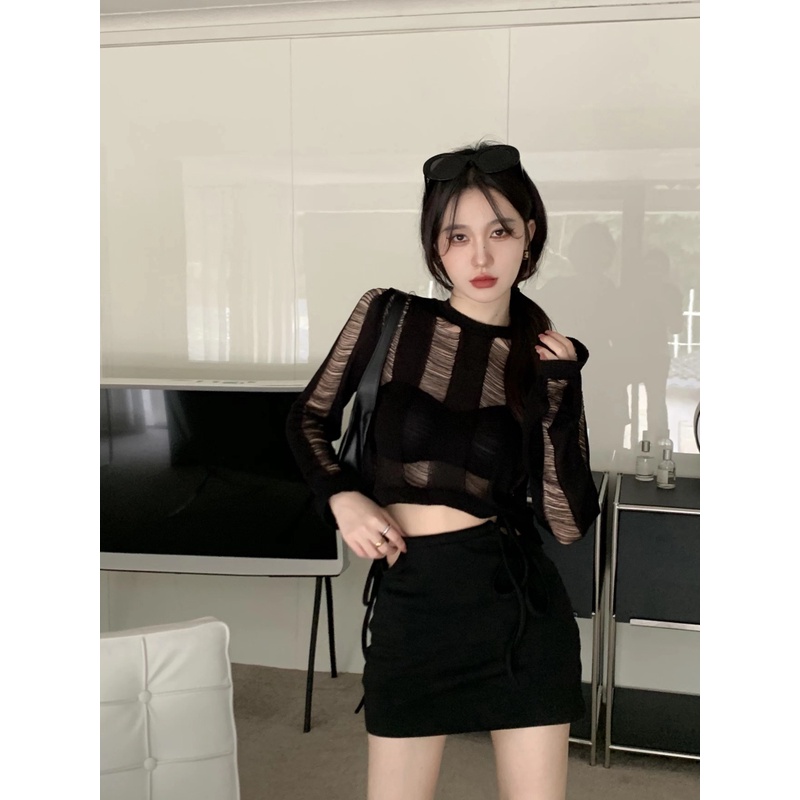 Áo Dệt Kim Mỏng Khoét Lỗ Thời Trang Hàn Quốc Gợi Cảm Cho Nữ