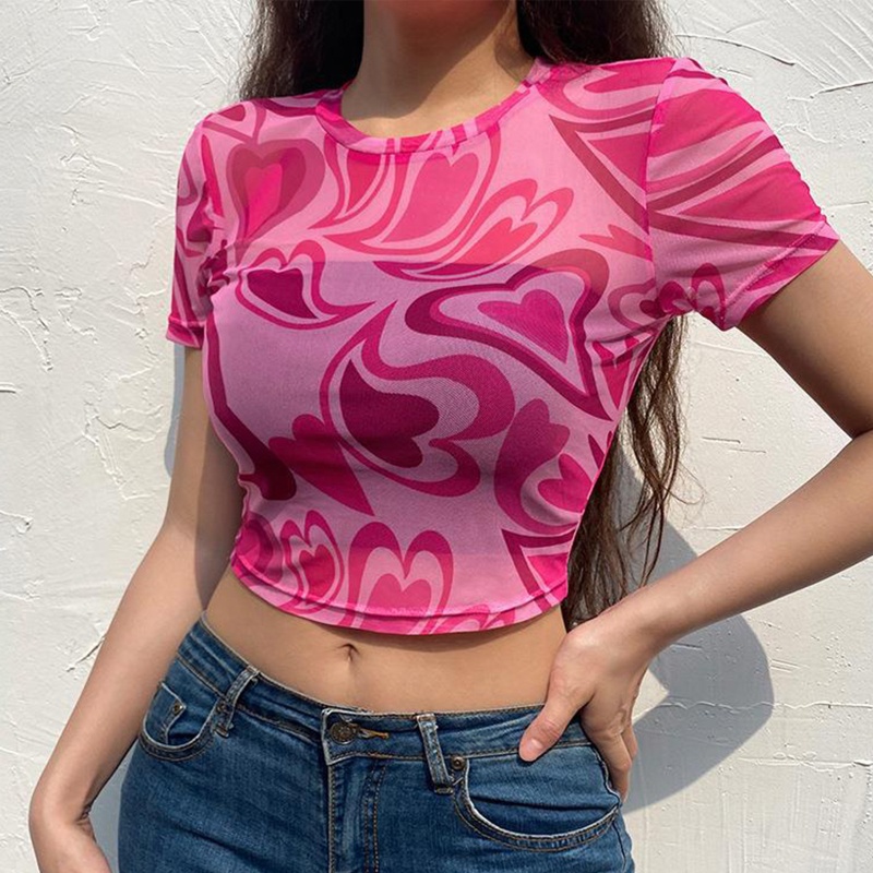 Áo Croptop Lưới Tay Ngắn Cổ Tròn Xuyên Thấu 10MK Họa Tiết Trái Tim Gợi Cảm Đi Biển Cho Nữ