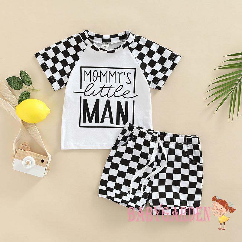 Set Đồ 2 Món Gồm Áo Thun Tay Ngắn In Chữ + Quần Ngắn Kẻ Sọc Ca Rô Màu Trắng Cho Bé Trai 3 Tháng Tuổi