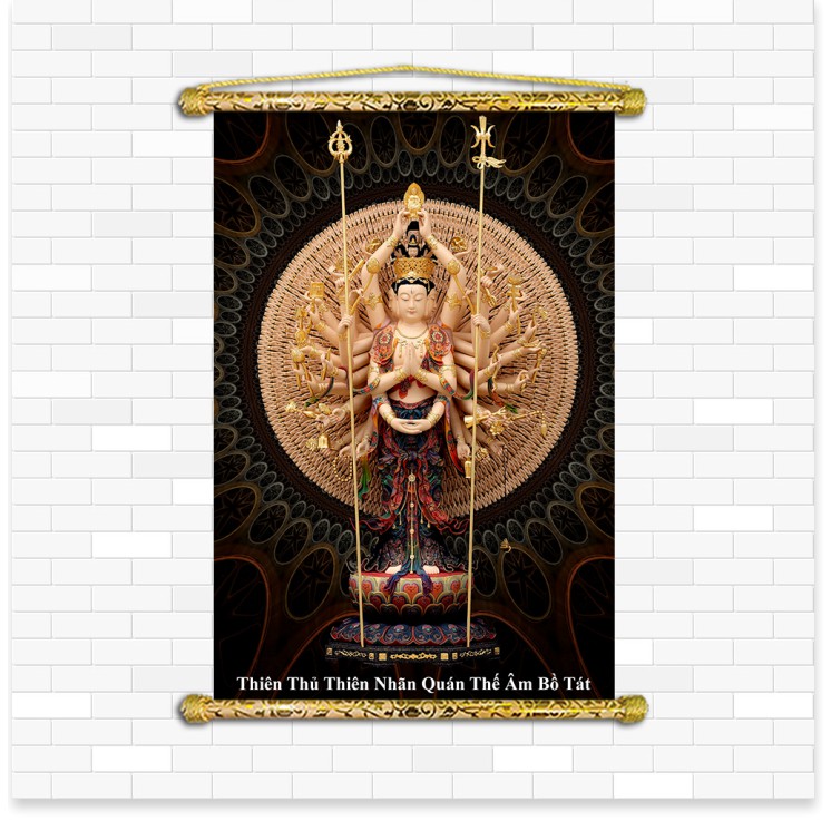Tranh Liễn Phật Giáo - Thiên thủ thiên nhãn Quan Âm – Vải canvas chống nước nẹp sáo gỗ tự nhiên nhiều size nhiều mẫu