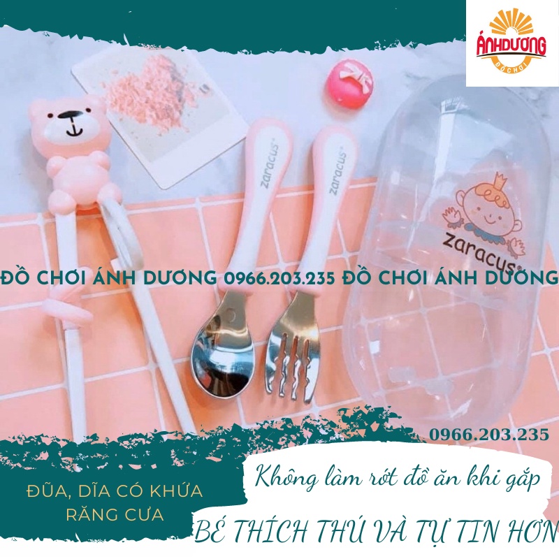 Bộ Đũa Thìa Dĩa Inox Zaracus Cho Bé Tập Ăn Siêu Dễ Thương- Có Hộp Đựng Tiện Lợi