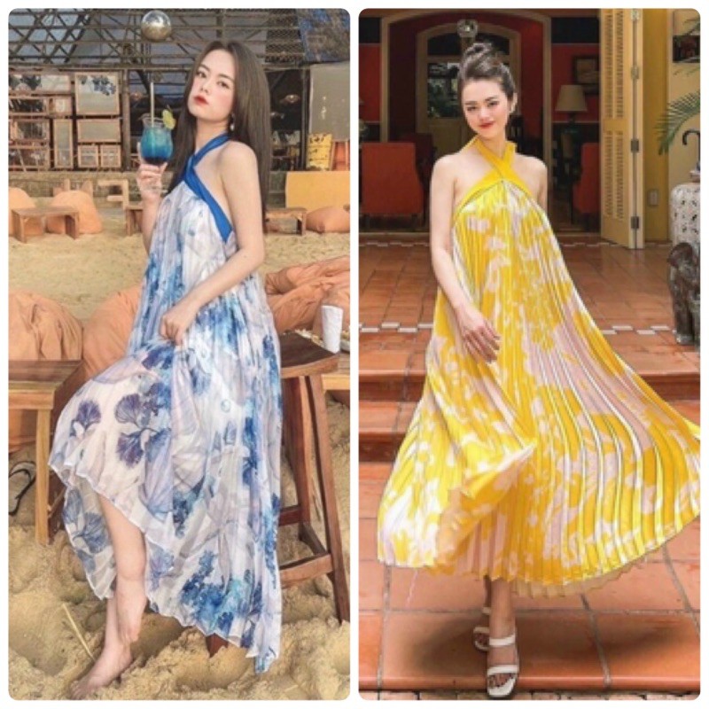 ĐẦM MAXI HOA CỔ YẾM HỞ LƯNG (MÀU TRẢI SÀN)