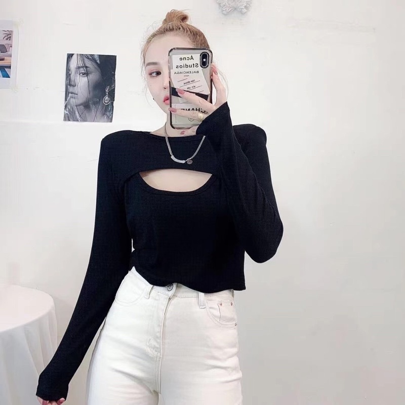 [HÀNG SẴN]ÁO LEN CUTOUT trươc ngưc tay bồng hàng Quảng Châu