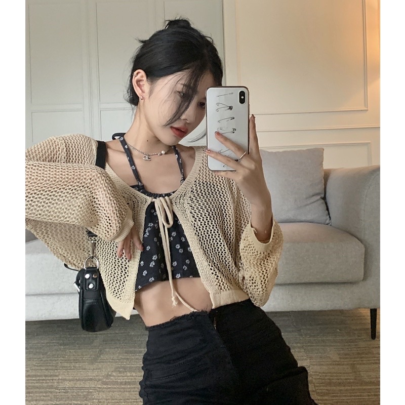 Áo khoác cardigan lưới buộc dây hàng QC siêu xinh - Áo cadigan croptop len lưới mỏng dáng lửng ngắn