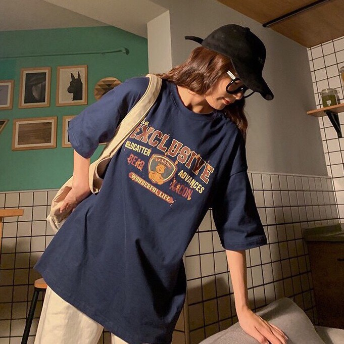 Áo phông nam nữ form rộng 2N Unisex thun cotton in hình Gấu Exclusive màu xanh đen