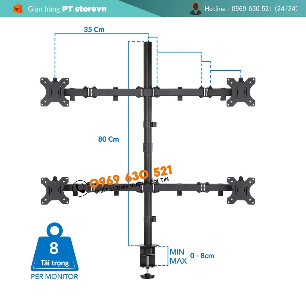 Giá Treo Bốn Màn Hình Máy Tính 17 - 27 Inch - Model: MS054 - Tay Đỡ Màn Hình Xoay 360 Độ - Tải Trọng 8Kg 1Tay