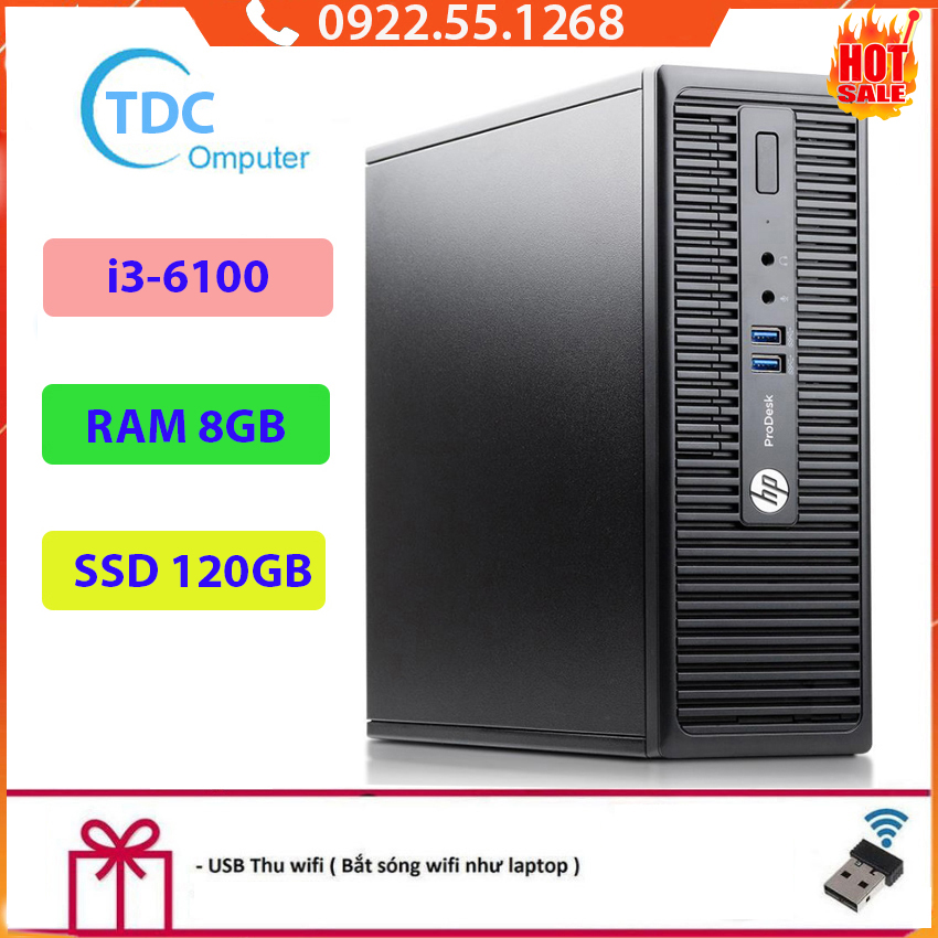 Case máy tính đồng bộ HP ProDesk 400G3 SFF, cpu core i3-6100, ram 8GB, SSD 120GB, Tặng USB thu Wifi