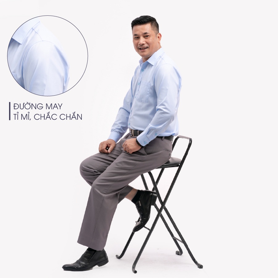 Áo Sơ Mi Nam Dài Tay Trung Niên ANCHI Màu Xanh Nhạt Trơn Vải Sợi Tre Cao Cấp