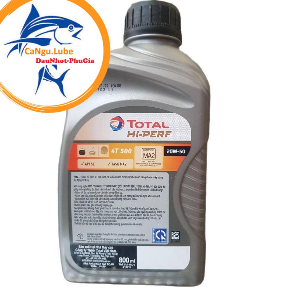 [DauNhot-PhuGia] Nhớt xe máy TOTAL HI PERF 4T 500 20W50 chai 800ml, Nhớt TOTAL 4T 500 20W50 chai 800ml cho xe số