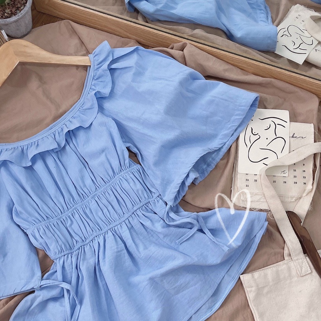 Áo bèo xanh bẹt vai bo eo basic kiểu hàn quốc công sở