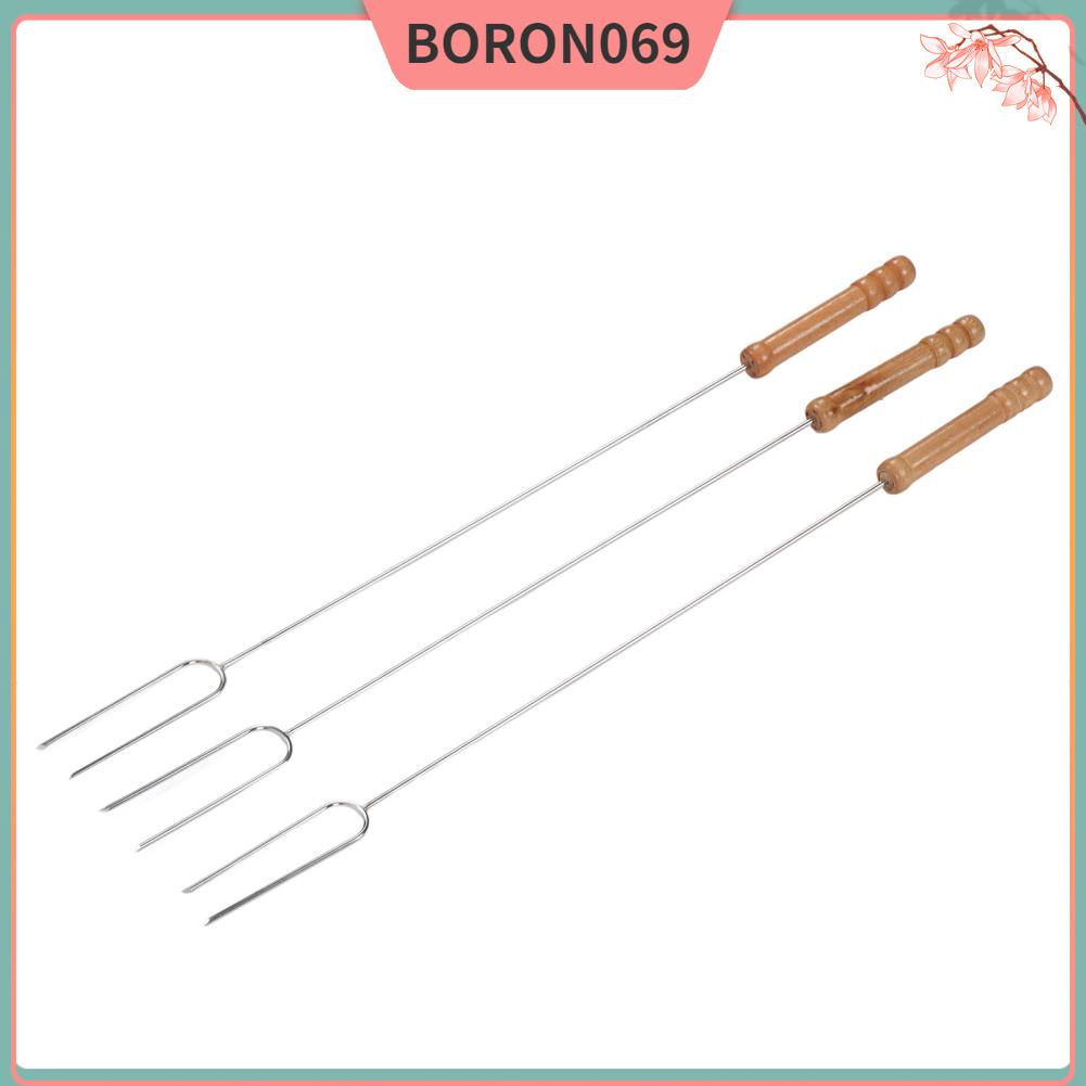 Boron069 Boron069 Nĩa nướng 3 cái Thanh bằng thép không gỉ đa chức năng với tay cầm gỗ sồi để cắm trại BBQ ngoài trời 47 2cm