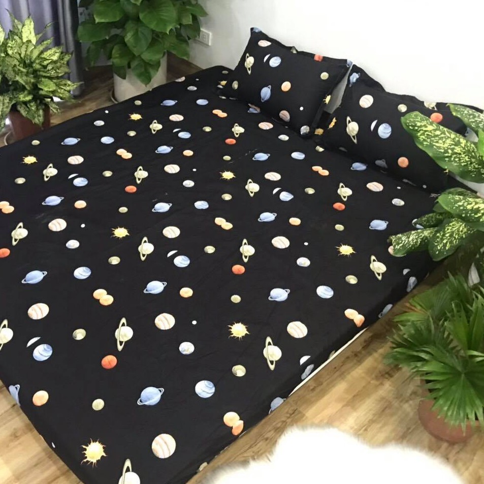 Sét Chăn Ga Gối 5 Món Cotton Poly Emmidecor Mẫu Hành Tinh Đen