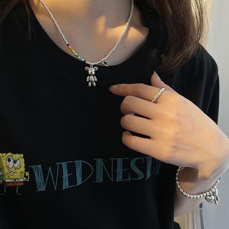 Dây Chuyền Bạc Sterling Mặt Tròn Hình Gấu Đính Hạt Màu Cầu Vồng Thời Trang Mùa Hè Sang Trọng Dễ Phối Đồ Cho Nữ