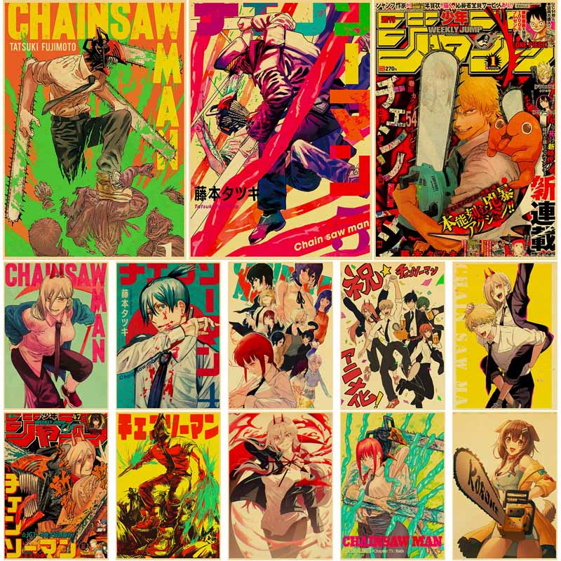 Tranh Áp Phích Treo Tường In Hình Anime Chainsaw Man Phong Cách Retro